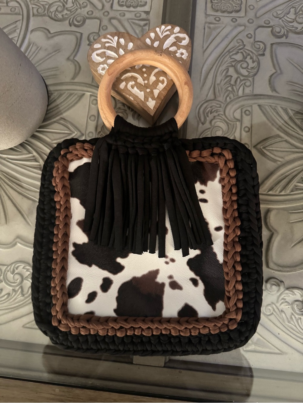 Bonita Bolso Cowhide Fringe Tote with Wooden Ring Handle by Yvonne